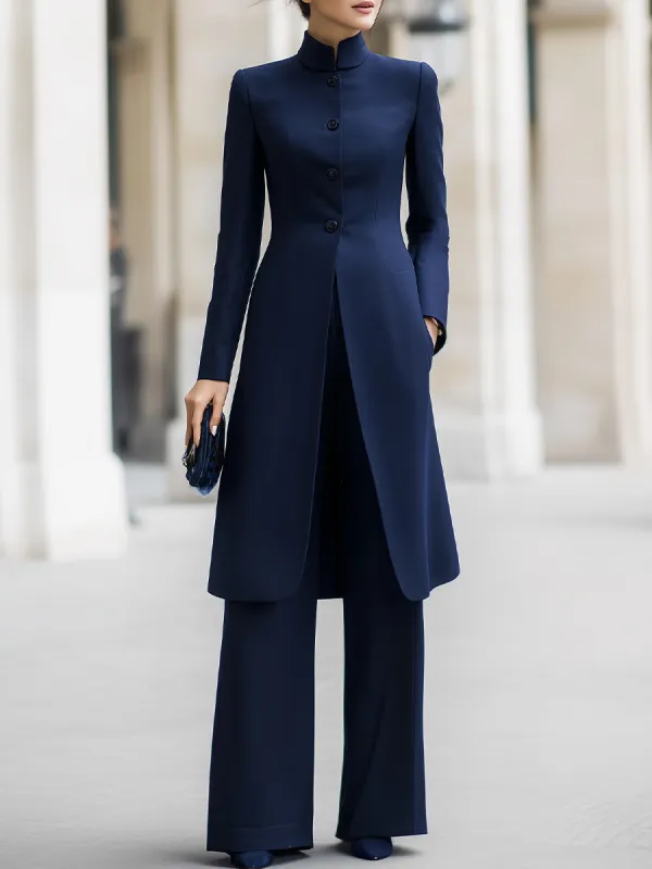 Navy Mandarin Collar Longline Blazer & Wide-Leg Pants Co-Ord Set made by Mooyius