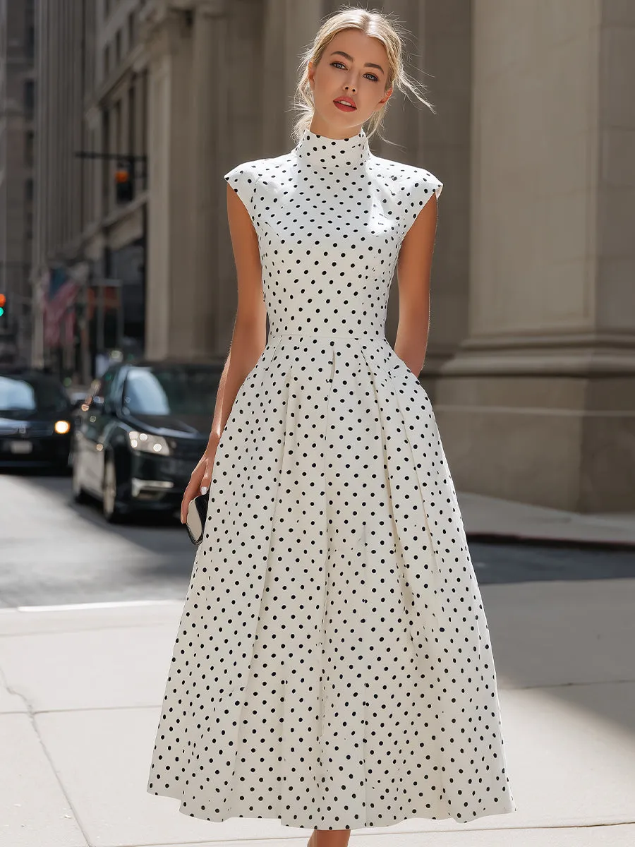 Vintage Polka Dot Mock Neck Cap-Sleeve Midi Dress sold by Mooyius product image thumbnail 2