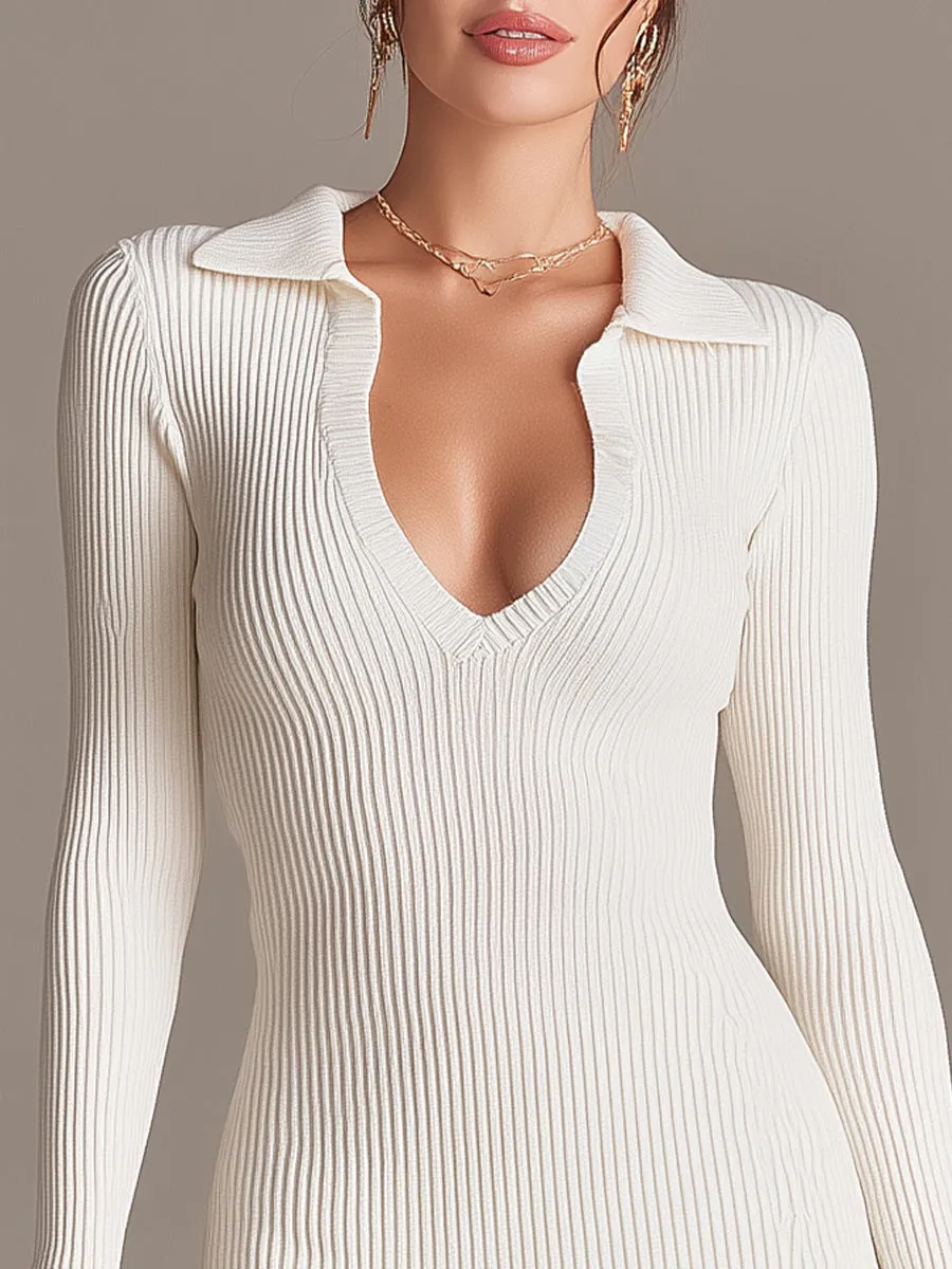 Ribbed Knit Polo Collar Ruffle Hem Mini Dress sold by Mooyius product image thumbnail 2
