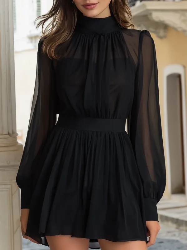 Sheer Chiffon High-Neck Long Sleeve Mini Dress made by Mooyius