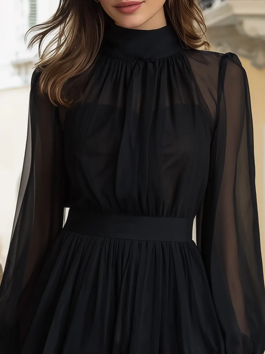 Sheer Chiffon High-Neck Long Sleeve Mini Dress sold by Mooyius product image thumbnail 3