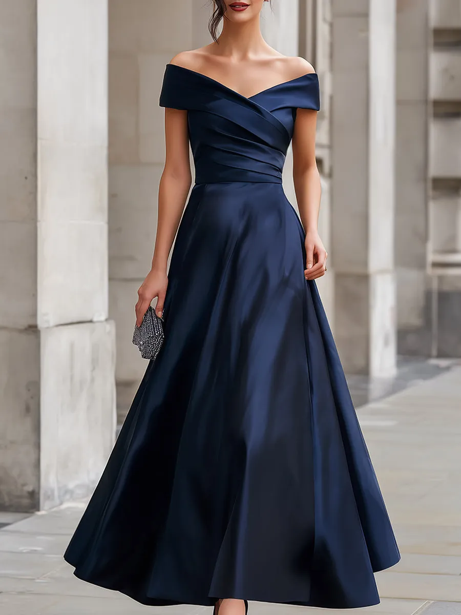 Navy Off-the-Shoulder Satin Gown sold by Mooyius