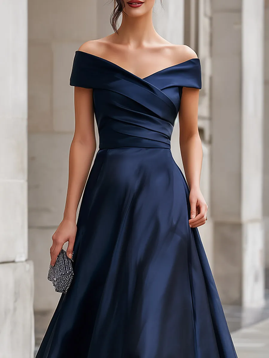 Navy Off-the-Shoulder Satin Gown sold by Mooyius product image thumbnail 3