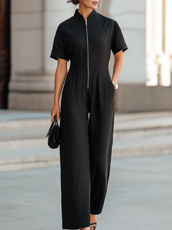 Black Linen Zip-Front Wide-Leg Jumpsuit made by Mooyius