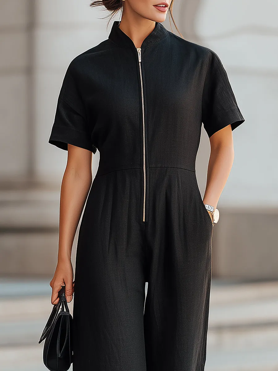 Black Linen Zip-Front Wide-Leg Jumpsuit sold by Mooyius product image thumbnail 2