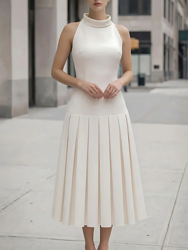 High-Neck Pleated Midi Dress With Sculpted Bodice made by Mooyius
