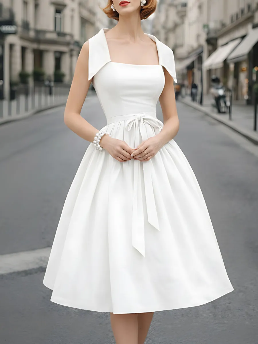 Square-Neck A-Line Dress With Structured Shoulder Detail sold by Mooyius