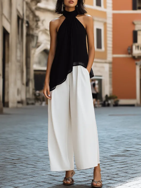 Elegant Two-Tone High-Neck Halter Set – Asymmetric Chiffon Top & Wide-Leg Trousers made by Mooyius