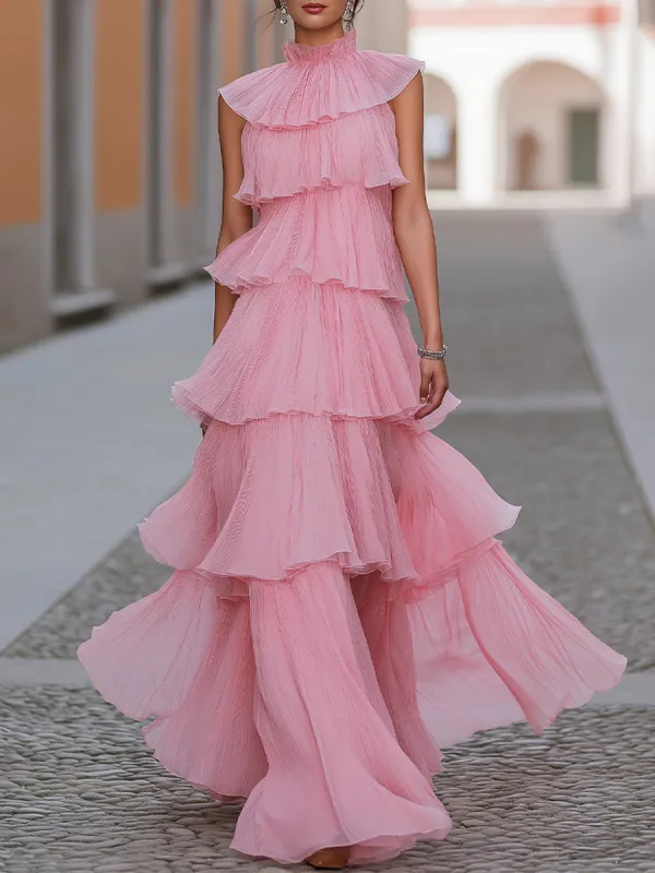 Elegant Pink Pleated Tiered Ruffle Maxi Gown made by Mooyius