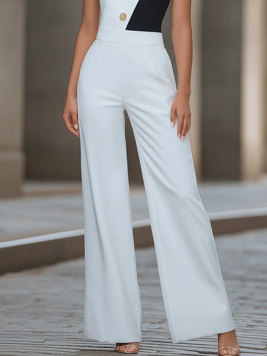 One-Shoulder Contrast Buttoned Wide-Leg Jumpsuit sold by Mooyius product image thumbnail 3