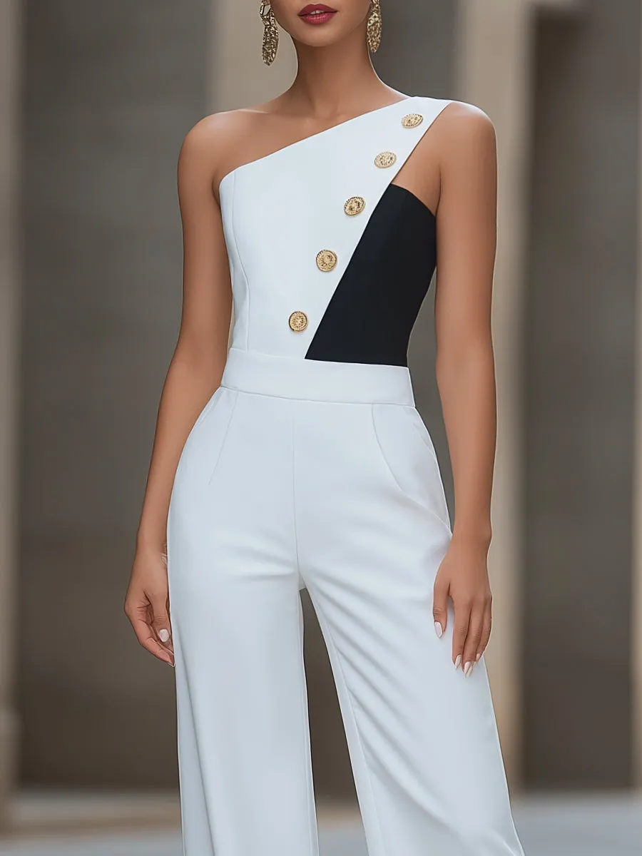One-Shoulder Contrast Buttoned Wide-Leg Jumpsuit sold by Mooyius product image thumbnail 2