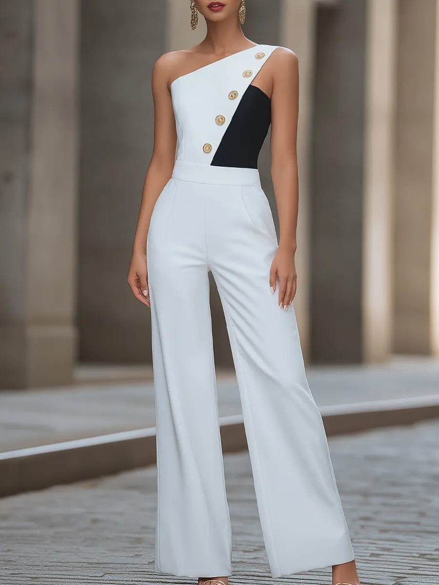 One-Shoulder Contrast Buttoned Wide-Leg Jumpsuit sold by Mooyius