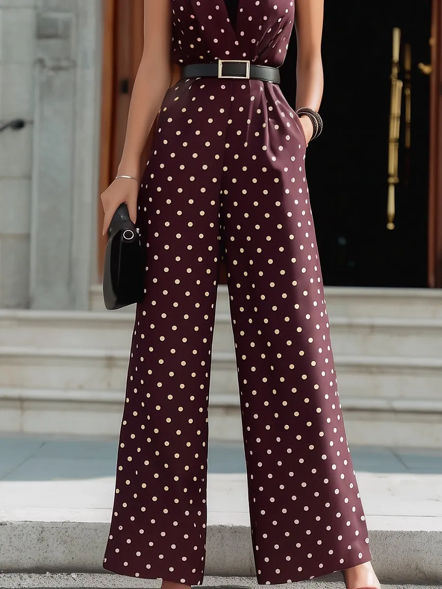Sleeveless Polka Dot Belted Wide-Leg Jumpsuit sold by Mooyius product image thumbnail 3