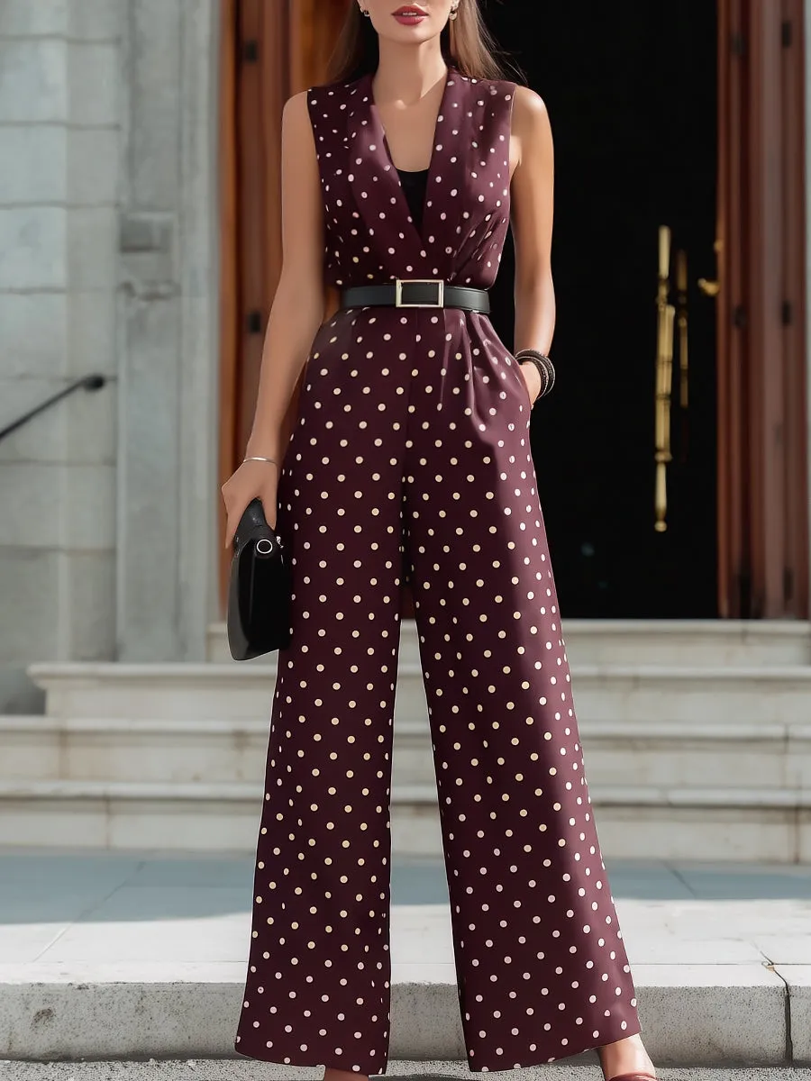 Sleeveless Polka Dot Belted Wide-Leg Jumpsuit sold by Mooyius