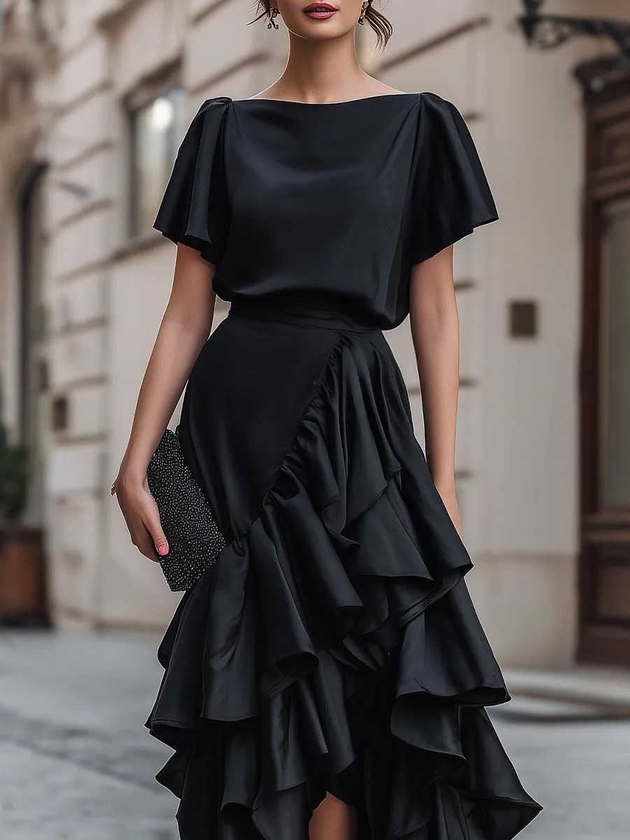 Short Sleeve Asymmetric Ruffle Midi Dress sold by Mooyius product image thumbnail 3