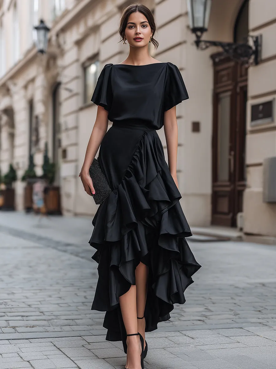 Short Sleeve Asymmetric Ruffle Midi Dress sold by Mooyius product image thumbnail 2