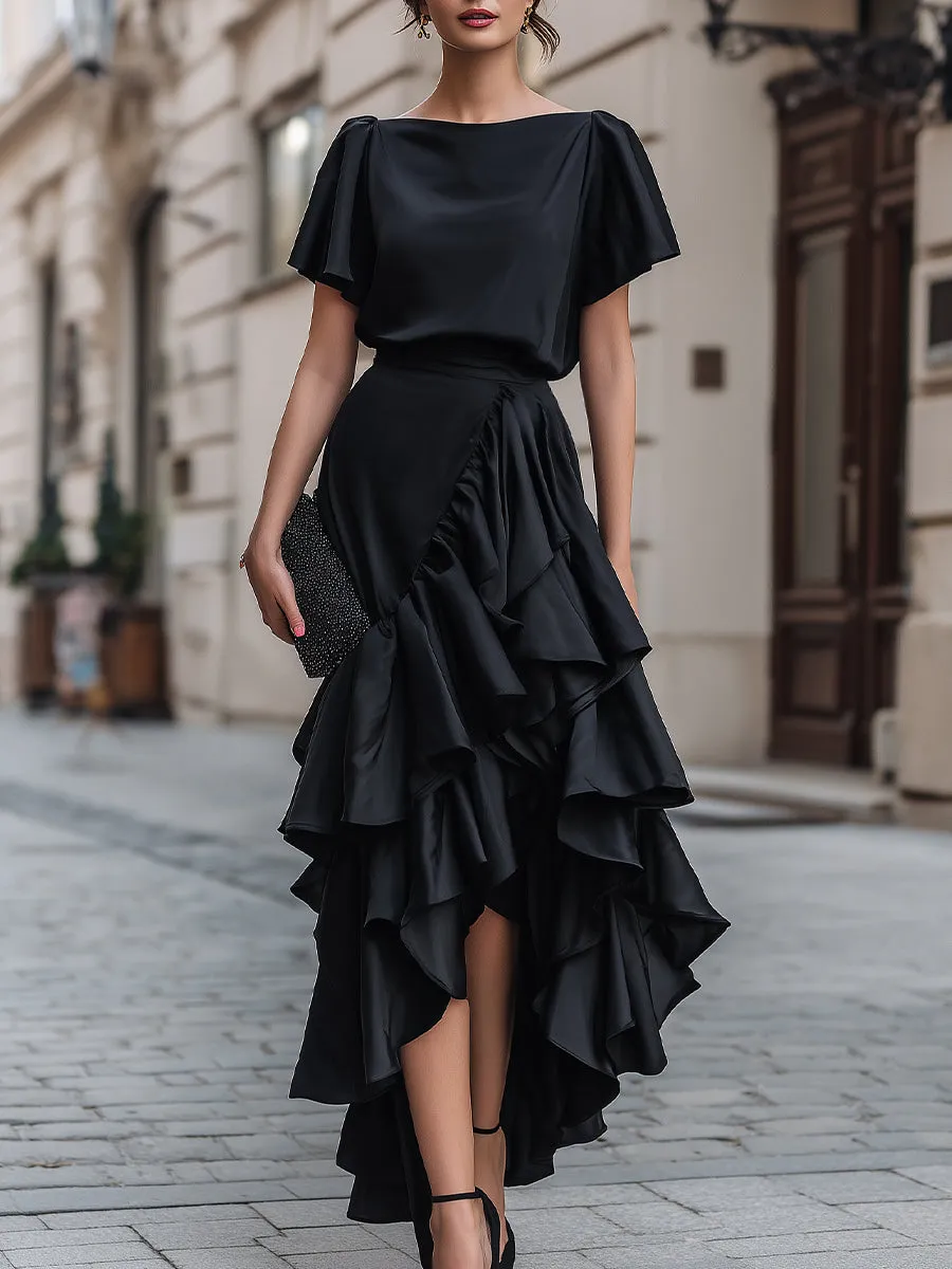 Short Sleeve Asymmetric Ruffle Midi Dress sold by Mooyius
