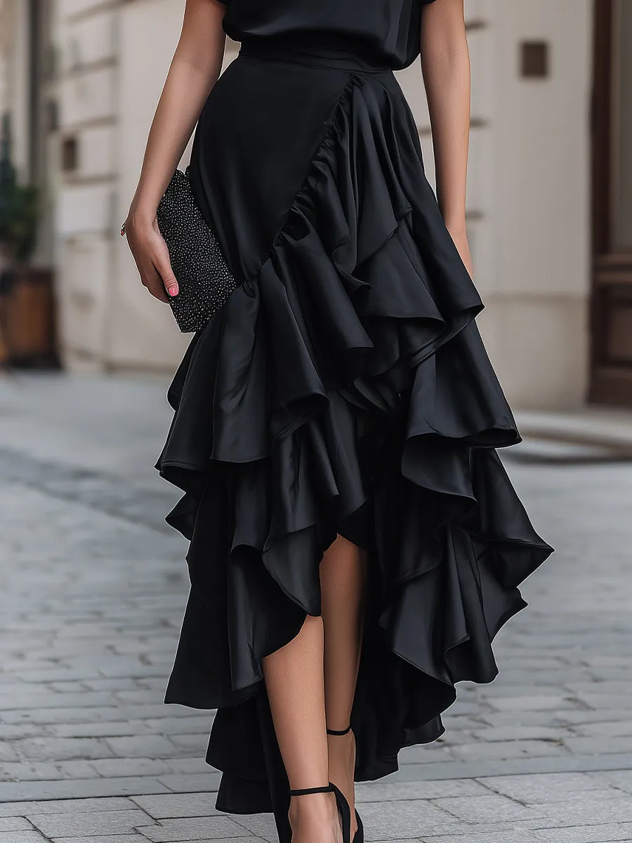 Short Sleeve Asymmetric Ruffle Midi Dress sold by Mooyius product image thumbnail 4