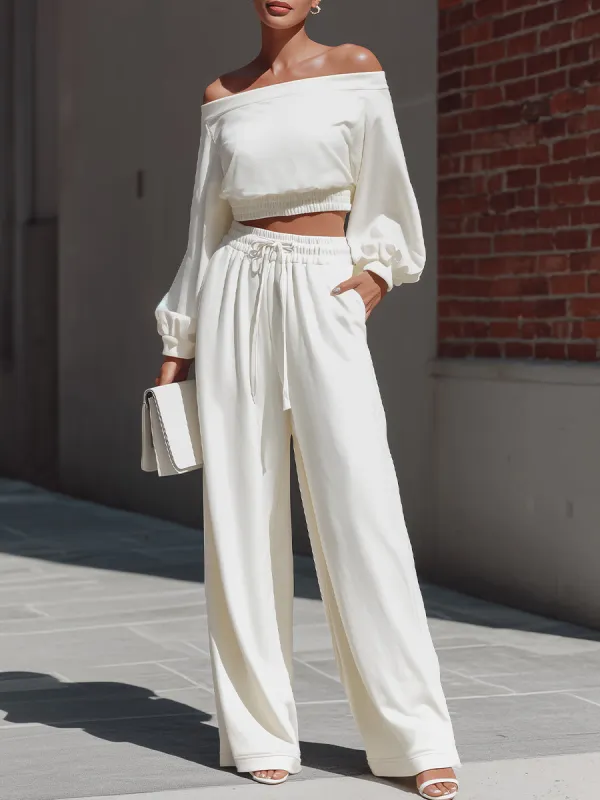 Off-Shoulder Crop Top & Wide-Leg Pants Loungewear Set sold by Mooyius