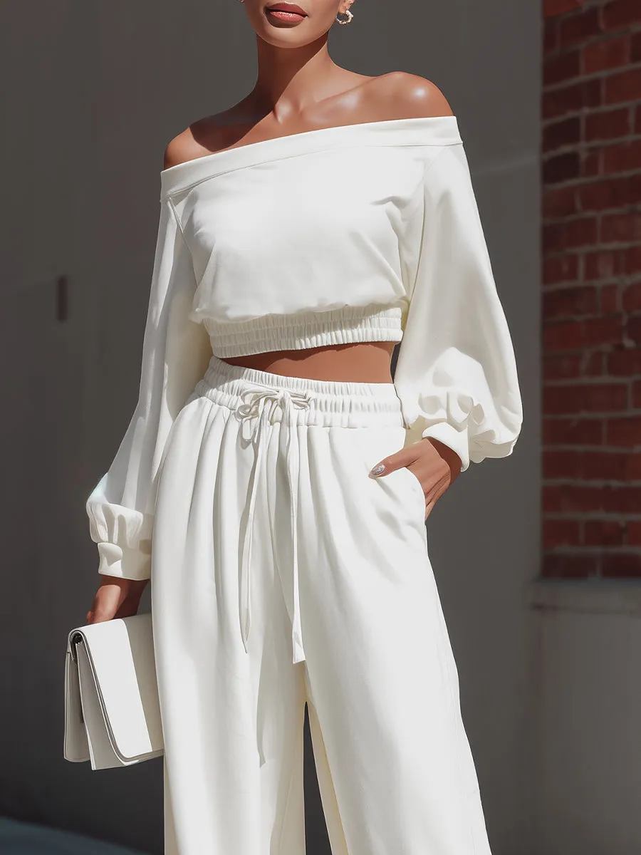 Off-Shoulder Crop Top & Wide-Leg Pants Loungewear Set sold by Mooyius product image thumbnail 2