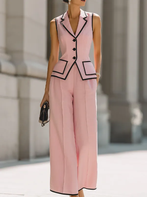 Tailored Vest & Wide-Leg Pants Set With Black Piping sold by Mooyius