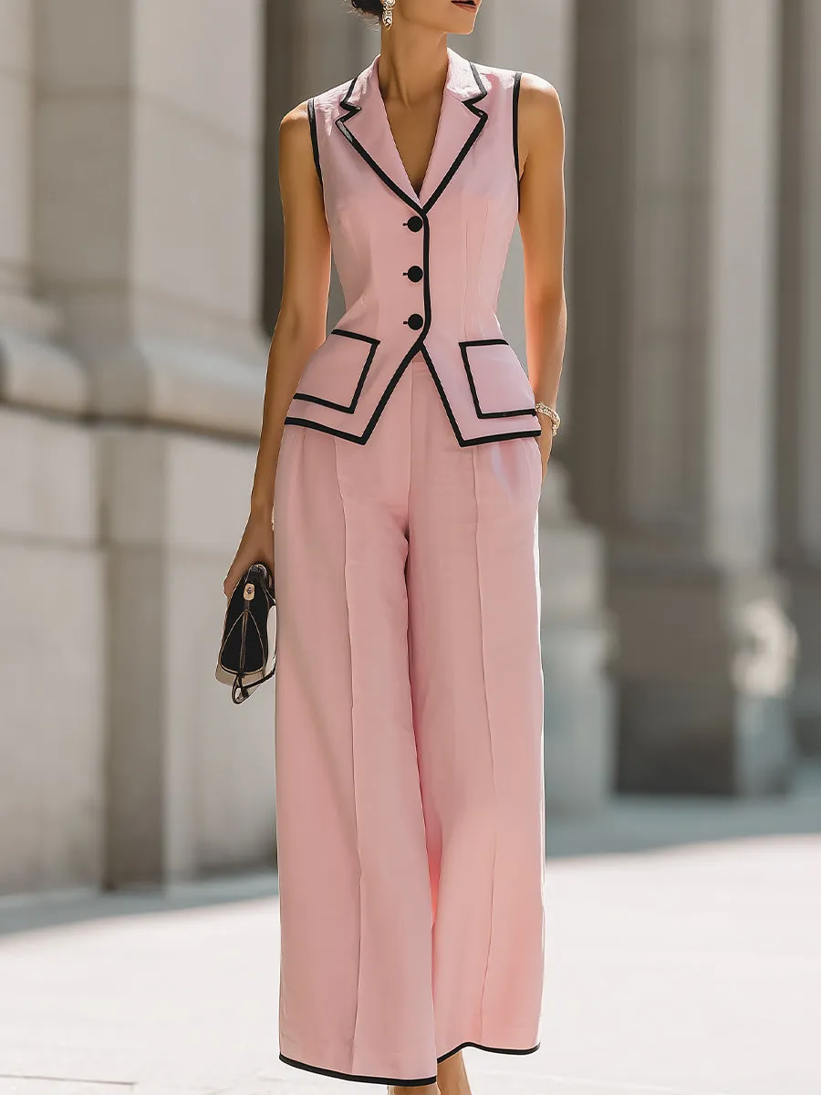 Tailored Vest & Wide-Leg Pants Set With Black Piping sold by Mooyius