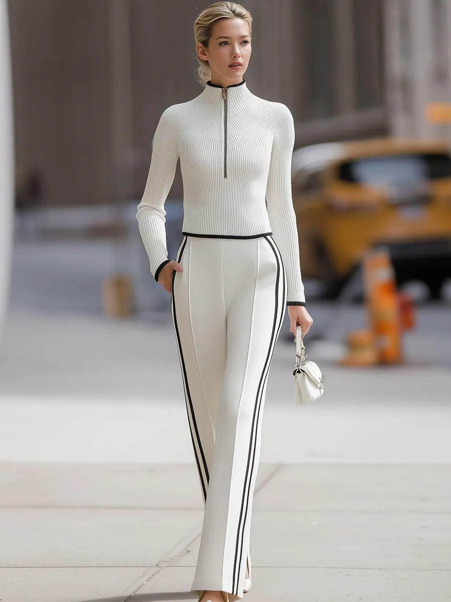 White Ribbed Knit Crop Top & Contrast Stripe Wide-Leg Pants Set sold by Mooyius product image thumbnail 2