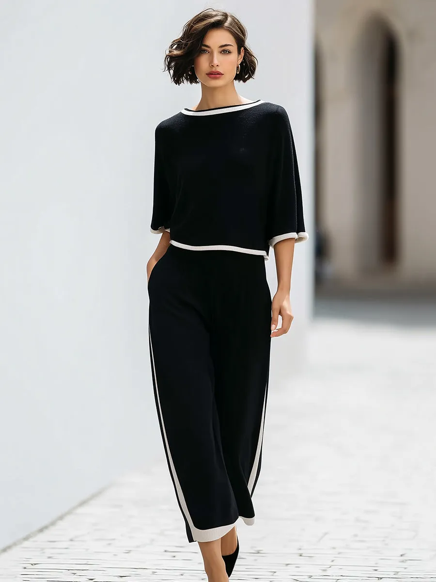 Contrast Trim Knit Lounge Set | Relaxed Short Sleeve Top & Wide-Leg Pants sold by Mooyius product image thumbnail 2