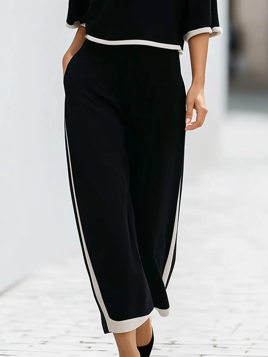 Contrast Trim Knit Lounge Set | Relaxed Short Sleeve Top & Wide-Leg Pants sold by Mooyius product image thumbnail 4