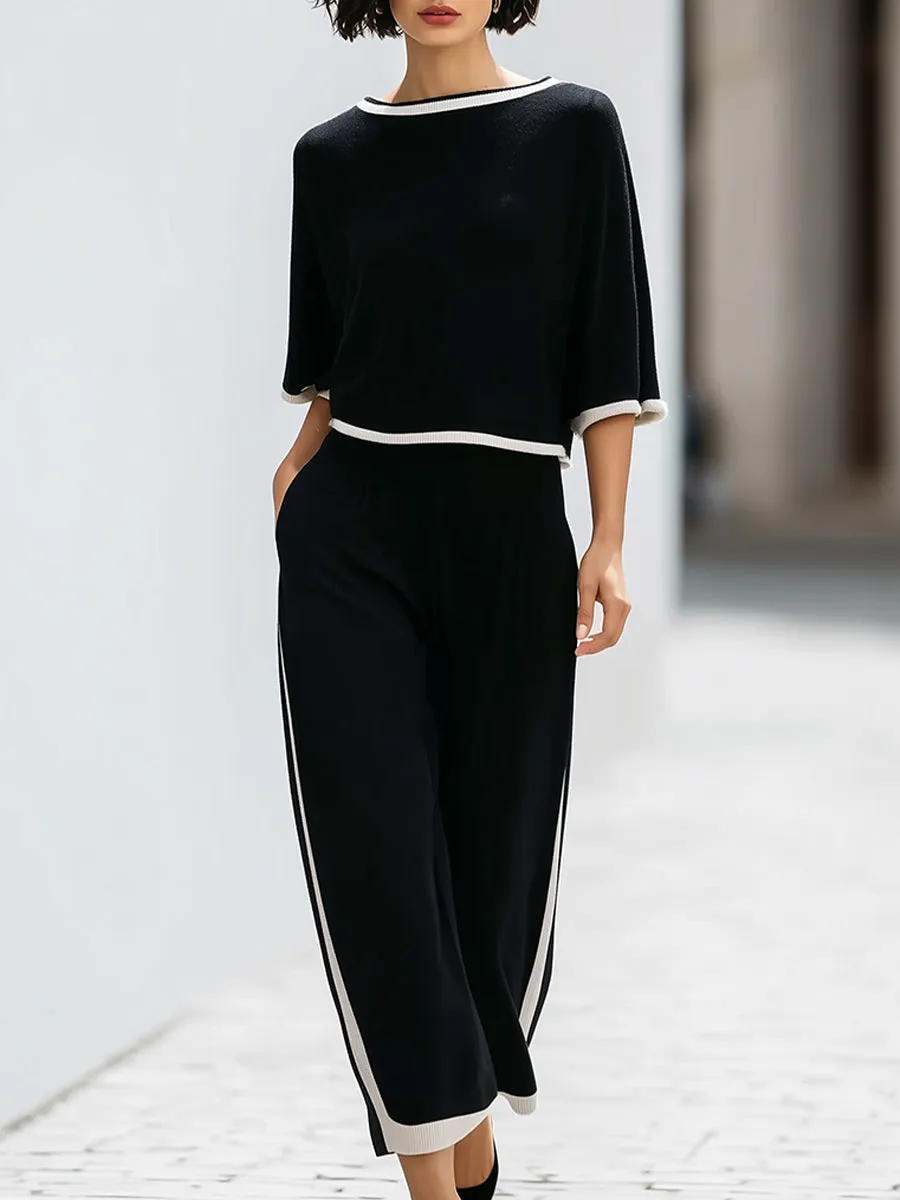 Contrast Trim Knit Lounge Set | Relaxed Short Sleeve Top & Wide-Leg Pants sold by Mooyius