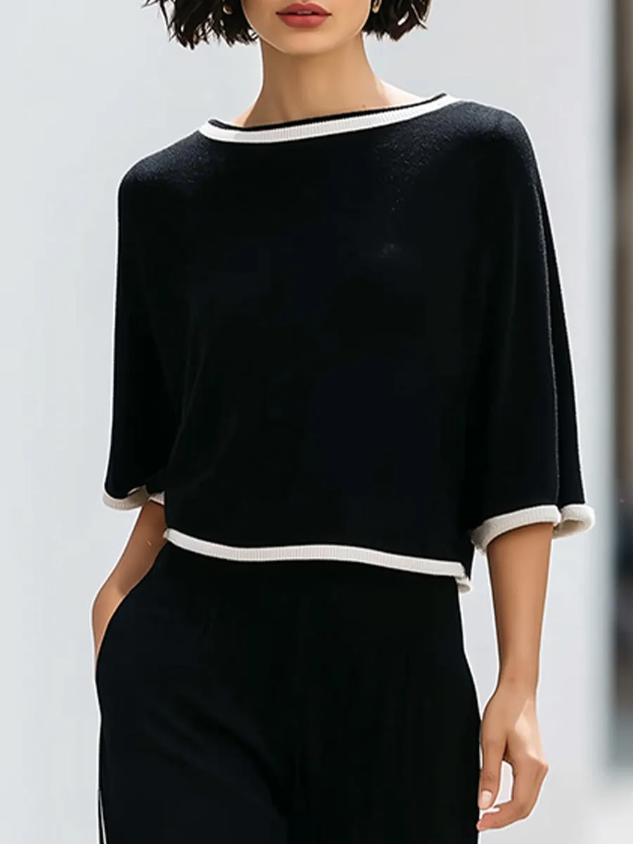 Contrast Trim Knit Lounge Set | Relaxed Short Sleeve Top & Wide-Leg Pants sold by Mooyius product image thumbnail 3
