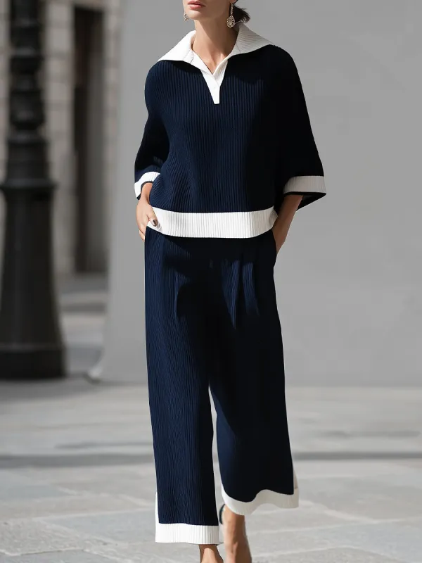 Sophisticated Nautical Ribbed Knit Two-Piece Lounge Set made by Mooyius
