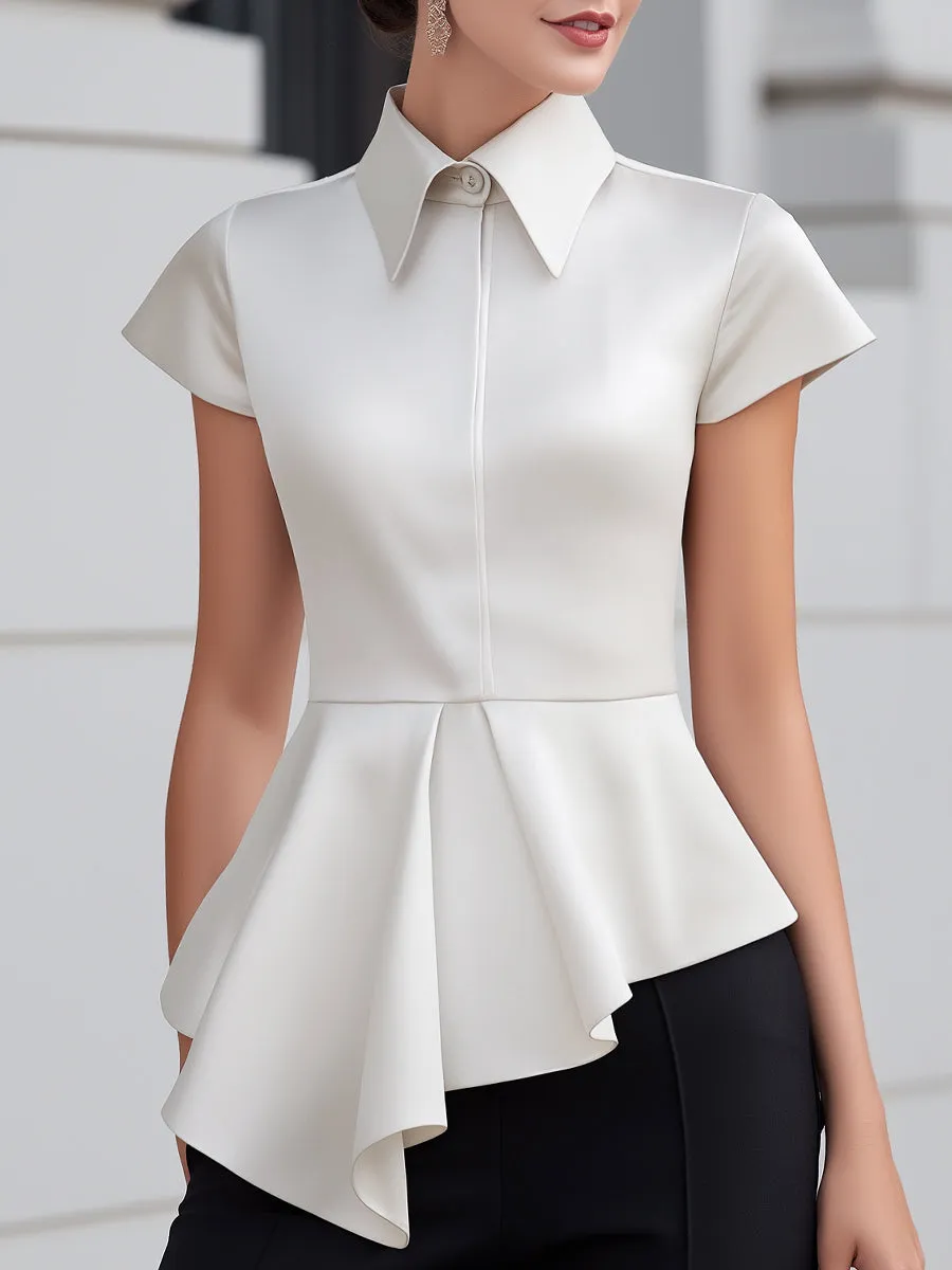 Short-Sleeve Satin Structured Peplum Blouse sold by Mooyius