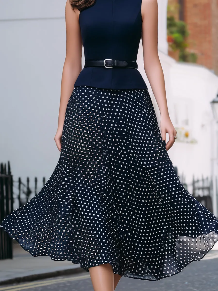 Sleeveless Belted Midi Dress With Polka Dot Flowing Skirt sold by Mooyius product image thumbnail 3