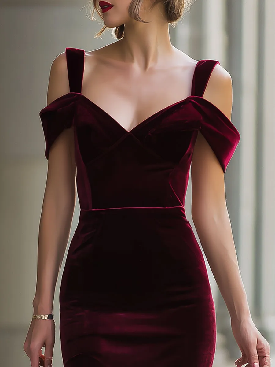 Burgundy Velvet Off-Shoulder Midi Dress sold by Mooyius product image thumbnail 2