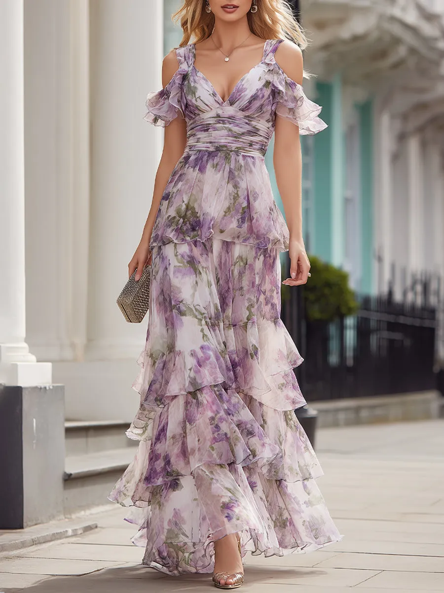 Cold Shoulder Floral Tiered Maxi Dress sold by Mooyius