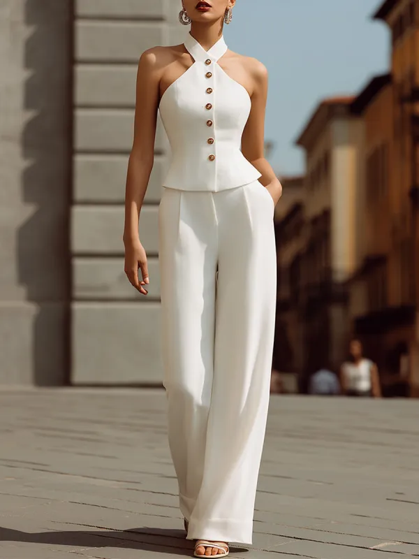 Opulent Halter Vest & Wide-Leg Trouser Two-Piece Set made by Mooyius