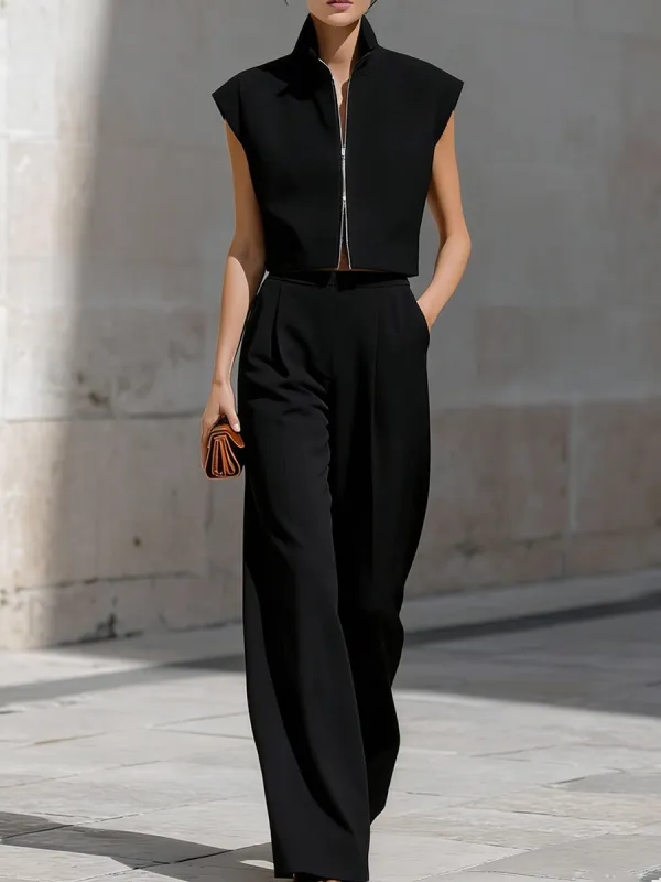 Black Cropped Zip-Up Vest & Wide-Leg Pants Set sold by Mooyius