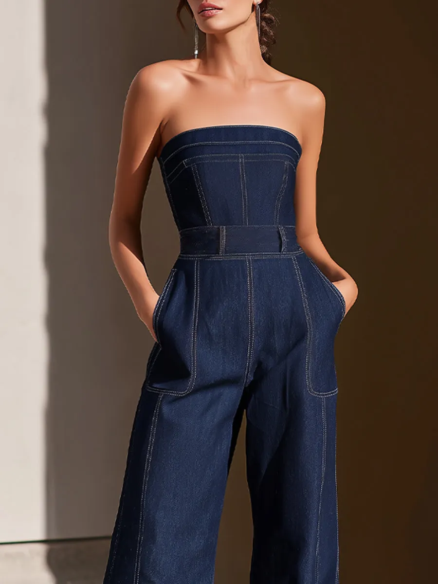 Dark Denim Strapless Wide-Leg Jumpsuit sold by Mooyius product image thumbnail 2