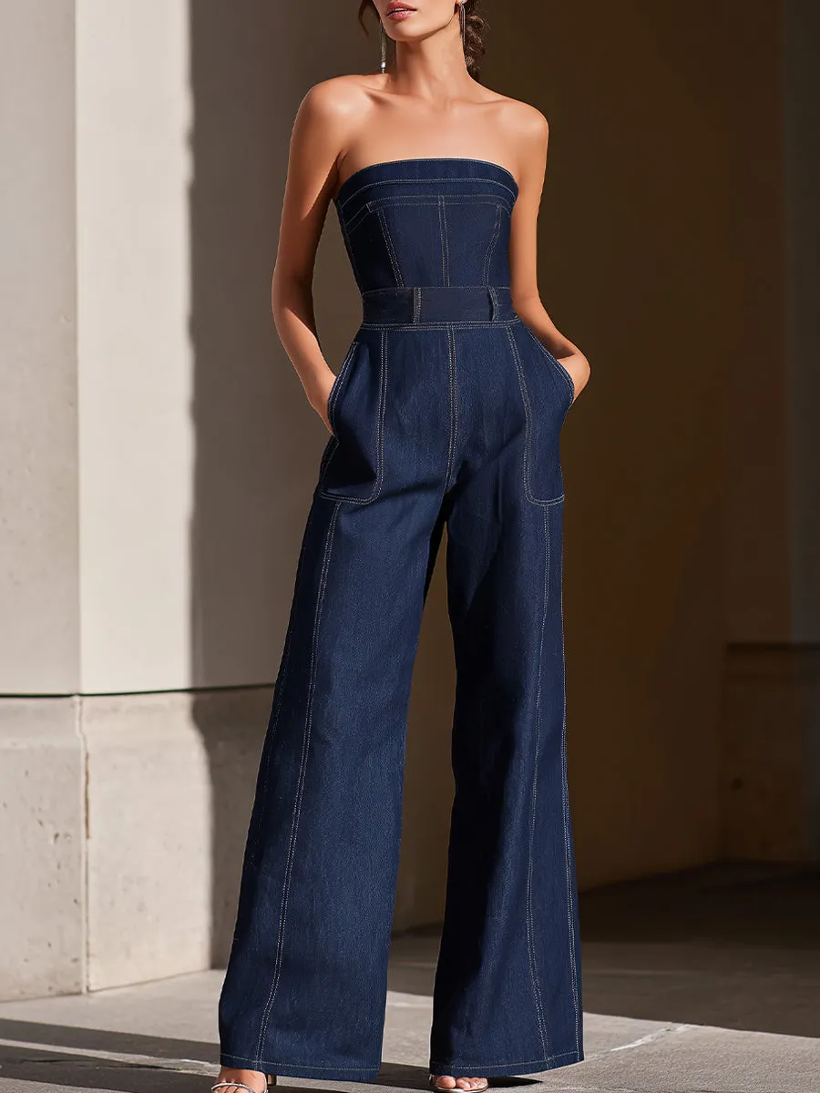 Dark Denim Strapless Wide-Leg Jumpsuit sold by Mooyius