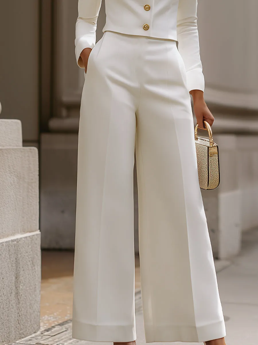 White Cropped Mandarin Collar Blazer & Wide-Leg Pants Set sold by Mooyius product image thumbnail 3