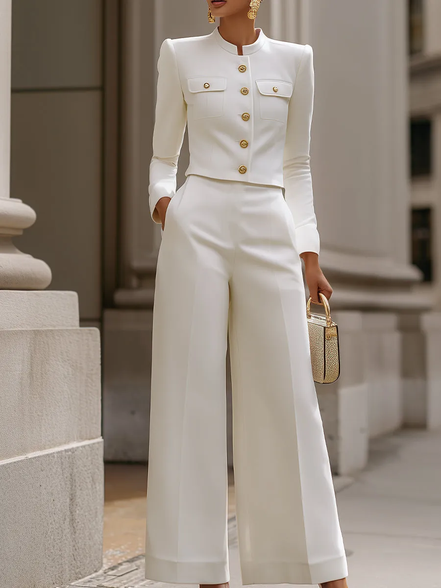 White Cropped Mandarin Collar Blazer & Wide-Leg Pants Set sold by Mooyius