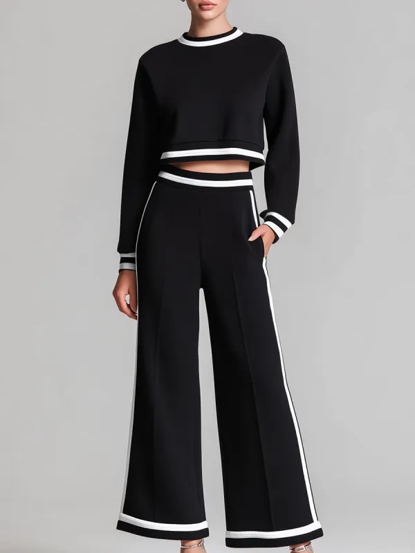 Black Cropped Sweatshirt & Wide-Leg Pants Set made by Something Navy
