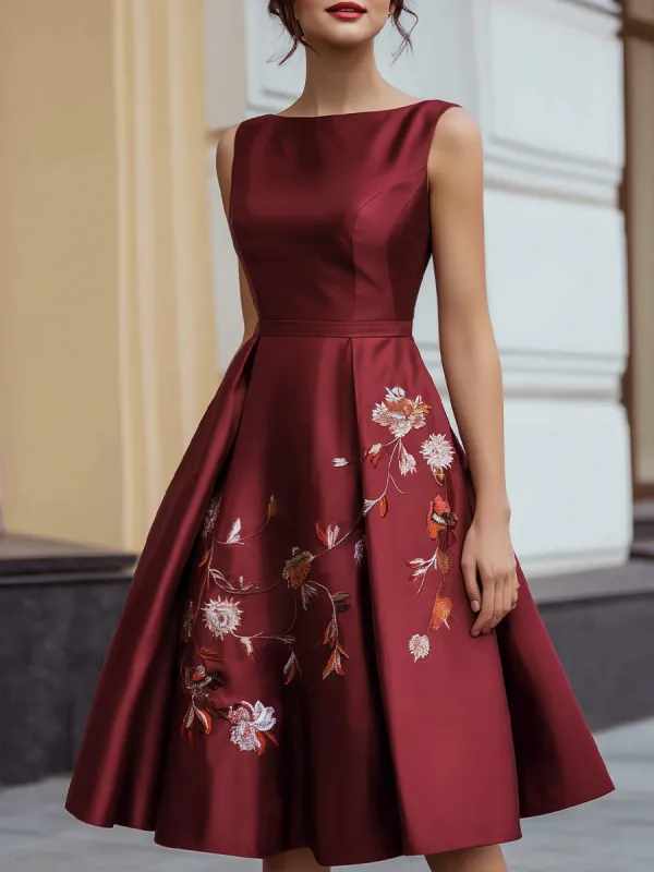 Satin Embroidered A-Line Sleeveless Midi Dress made by Mooyius