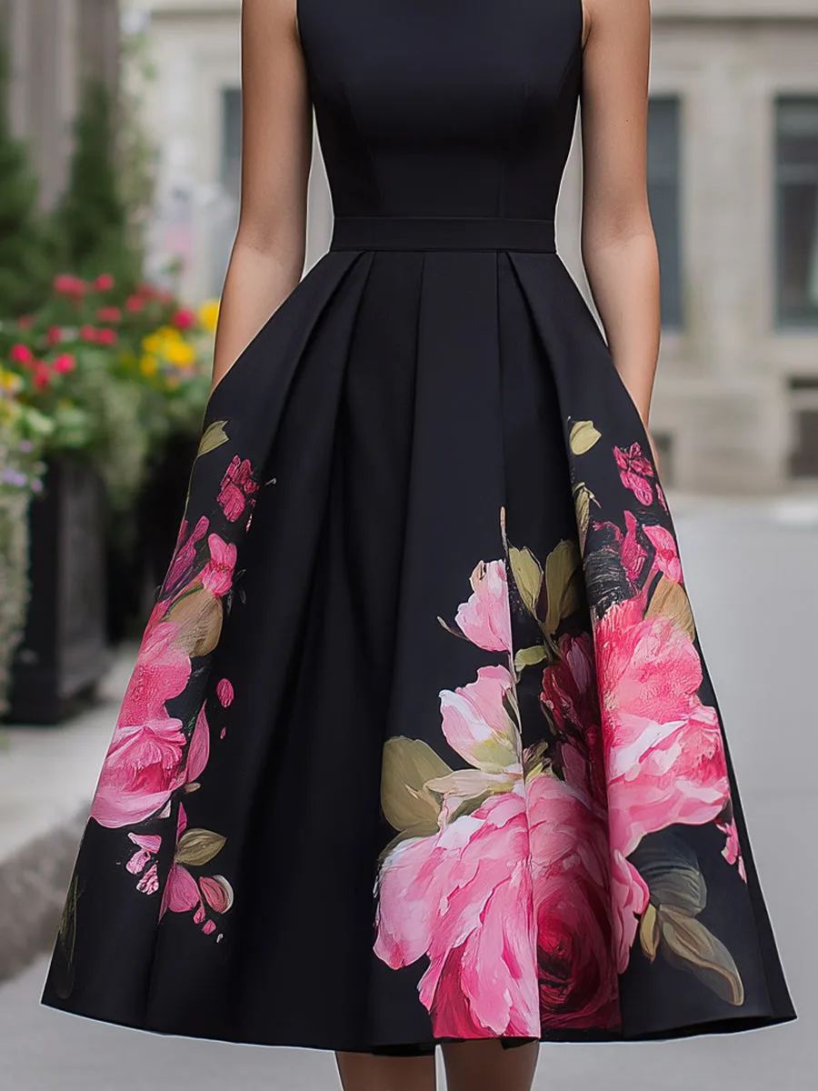 Elegant Sleeveless Midi Dress With Floral Printed Skirt sold by Mooyius product image thumbnail 3