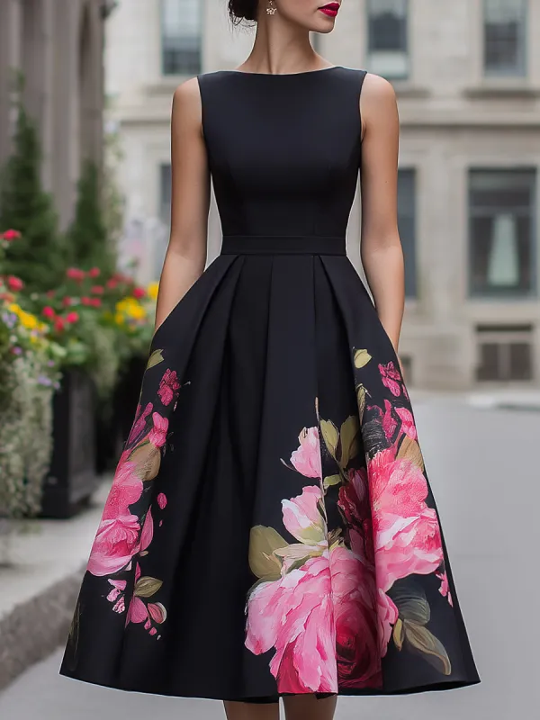 Elegant Sleeveless Midi Dress With Floral Printed Skirt made by Mooyius