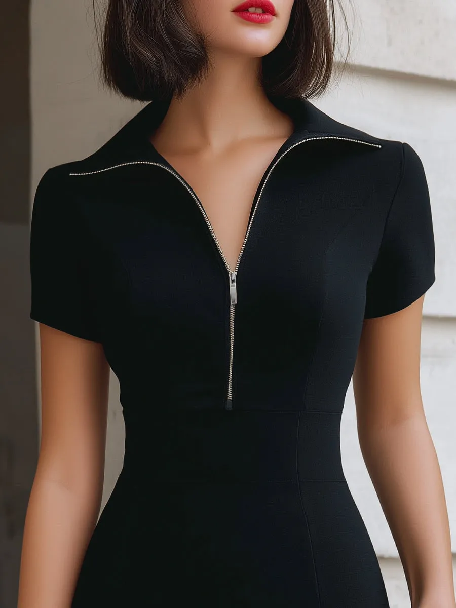Zip-Front Short Sleeve Stand Collar Mini Dress sold by Mooyius product image thumbnail 2