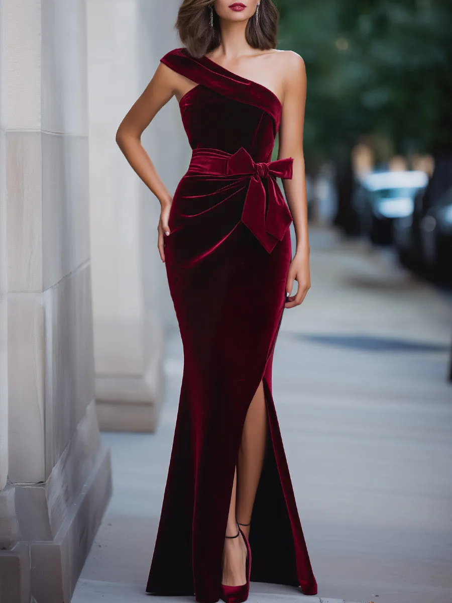 One-Shoulder Velvet Evening Dress With Waist Bow sold by Mooyius
