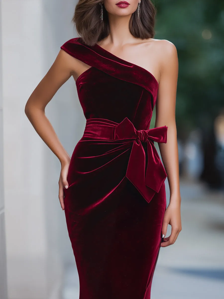 One-Shoulder Velvet Evening Dress With Waist Bow sold by Mooyius product image thumbnail 2