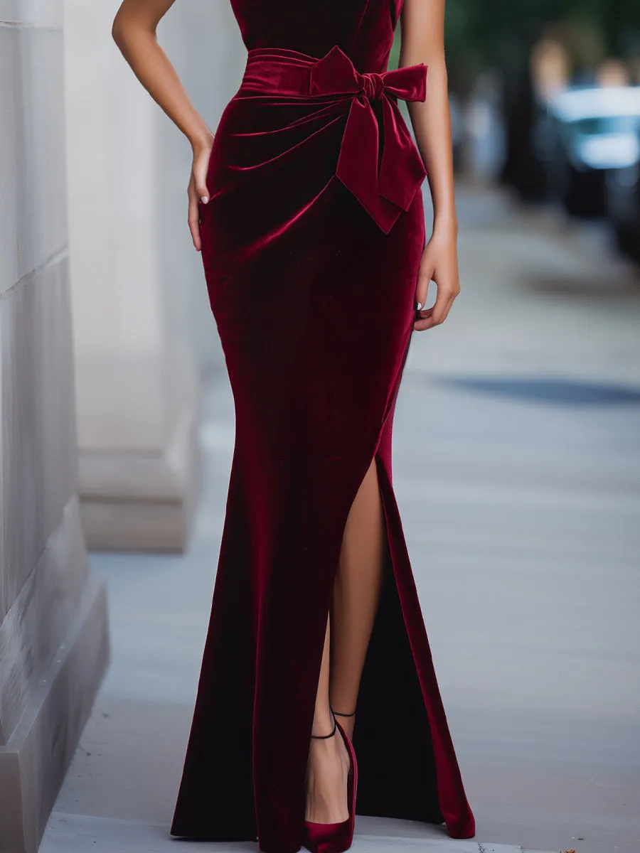 One-Shoulder Velvet Evening Dress With Waist Bow sold by Mooyius product image thumbnail 3